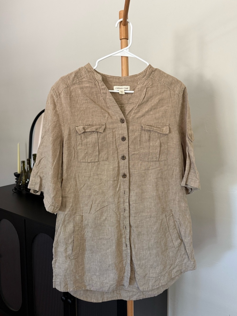 Coldwater Creek Linen Brown Short Sleeve Button Up Long Shirt Blouse Size Medium